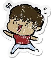 distressed sticker of a cartoon laughing boy vector