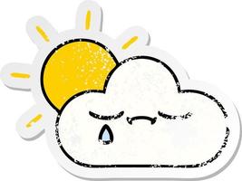 distressed sticker of a cute cartoon sunshine and cloud vector