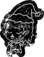 cute cartoon distressed icon of a vampire girl wearing santa hat vector