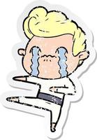 distressed sticker of a cartoon man crying vector