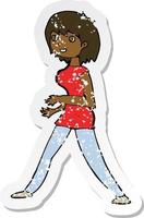 pegatina retro angustiada de una mujer de dibujos animados caminando vector