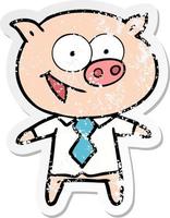 distressed sticker of a cheerful pig in office clothes vector