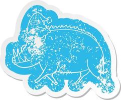 cartoon distressed sticker of a wild boar wearing santa hat vector