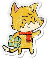 distressed sticker of a cartoon friendly christmas fox vector