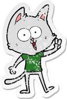 distressed sticker of a funny cartoon cat giving peace sign vector