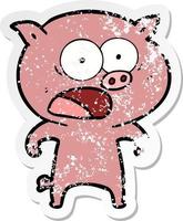 distressed sticker of a cartoon pig shouting vector