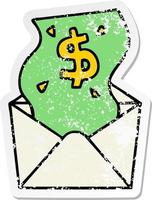 distressed sticker of a quirky hand drawn cartoon dollar in envelope vector