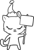 cute line drawing of a cat with sign wearing santa hat vector