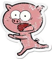 distressed sticker of a cartoon pig running vector