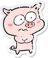 distressed sticker of a cartoon nervous pig vector