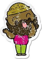 distressed sticker of a man with beard sticking out tongue vector