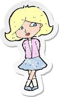 retro distressed sticker of a cartoon happy girl vector