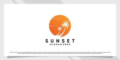 Sunset logo design template with palm tree and creative element Premium Vector