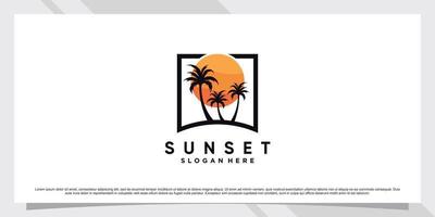 Sunset logo design template with palm tree and creative element Premium Vector