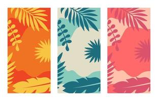 Set of Abstract Summer Vertical Posters. Tropical Leaves And Plants Designs With Copy Space, For Social Networks, Story 9x16 Format and Graphic Design.