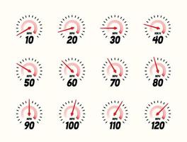 conjunto de iconos de velocímetros mph, diseño vectorial moderno. límite de velocidad, flecha en movimiento, cronómetro que muestra la velocidad en millas por hora. escalas de cabina, diseño plano. 30, 60, 100, 120 mph. vector