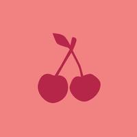 Cartoon Cherry Fruit Isolated on Pink Background, Simple Drawing. Fresh Sweet Cherries Silhouette in Flat Design Style. Summer Fruit Contour Icon.