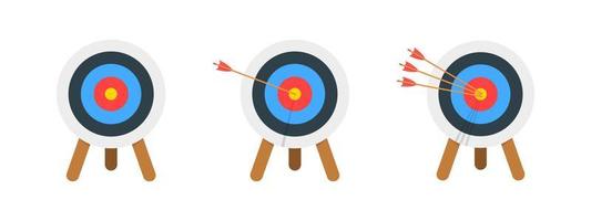 Archery target ring with and without arrows hitting bullseye. Dartboard on tripod isolated on white background. Goal achieving concept. Business success strategy symbol