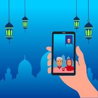 feliz tarjeta de felicitación de eid mubarak. ilustración vectorial de un pueblo musulmán haciendo una videollamada. pareja bendiciendo a eid mubarak a través de pantallas de teléfonos inteligentes y manteniéndose conectado durante la pandemia de covid-19. vector