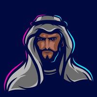 Arabian man logo vector line neon art potrait colorful design with dark background. Abstract graphic illustration. Isolated black background for t-shirt