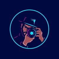 Male photographer takes a photo.  Line pop art portrait logo colorful design with dark background. Abstract vector illustration.