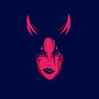 Sexy devil demon woman face logo. Colorful design with dark background. Abstract vector illustration. Isolated background for t-shirt, poster, clothing, merch, apparel, badge design