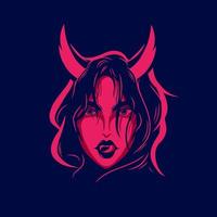 Sexy devil demon woman face logo. Colorful design with dark background. Abstract vector illustration. Isolated background for t-shirt, poster, clothing, merch, apparel, badge design