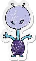 retro distressed sticker of a cartoon space alien vector