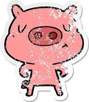 distressed sticker of a cartoon content pig vector