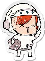 distressed sticker of a cartoon happy spacegirl holding moon rock vector