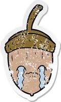 distressed sticker of a cartoon crying acorn vector