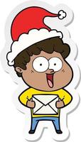 sticker cartoon of a happy man wearing santa hat vector