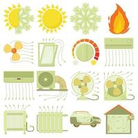 Heat cool air flow tools icons set, cartoon style vector