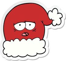 sticker of a cartoon christmas santa hat with tired face vector