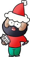 gradient cartoon of a bearded man with clipboard and pen wearing santa hat vector