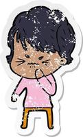 distressed sticker of a cartoon frustrated woman vector