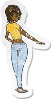 retro distressed sticker of a cartoon pretty girl in jeans and tee vector