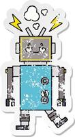 distressed sticker of a cute cartoon malfunctioning robot vector