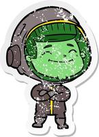 distressed sticker of a happy cartoon astronaut vector