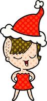 happy comic book style illustration of a girl in cocktail dress wearing santa hat vector