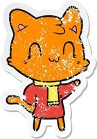 distressed sticker of a cartoon happy cat wearing scarf vector