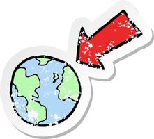 retro distressed sticker of a cartoon arrow pointing at earth vector