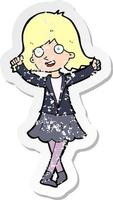 retro distressed sticker of a cartoon happy girl vector