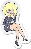 retro distressed sticker of a cartoon office woman sitting vector