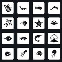 Sea animals icons set squares vector