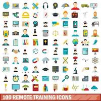 100 iconos de entrenamiento remoto, estilo plano vector