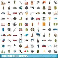 100 breach icons set, cartoon style vector