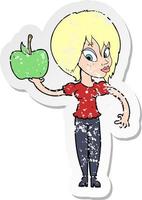 pegatina retro angustiada de una mujer de dibujos animados sosteniendo una manzana vector