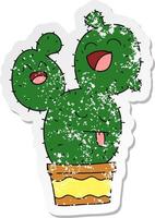 distressed sticker of a quirky hand drawn cartoon cactus vector