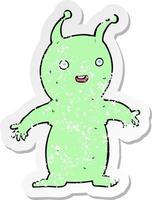 retro distressed sticker of a cartoon happy little alien vector